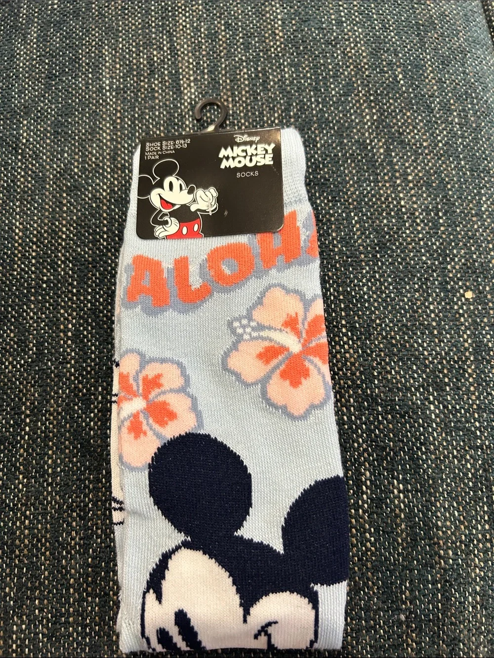 Disney Light Blue Mickey Mouse Aloha Crew Socks with Orange Floral Accents